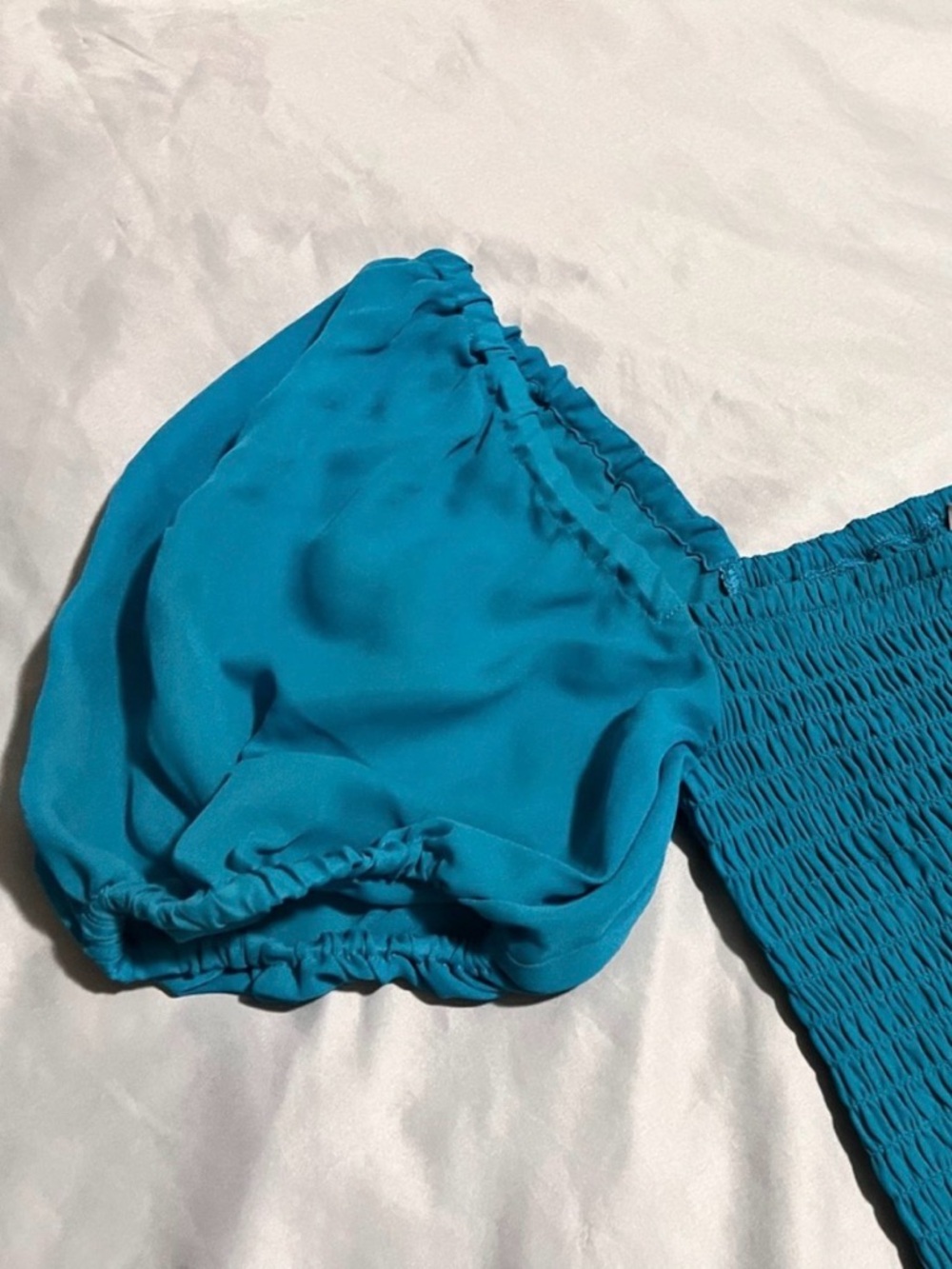 Parker Silk Smocked Mini Dress Teal Puff Sleeve Ruffle S Small NWOT - Picture 6 of 8